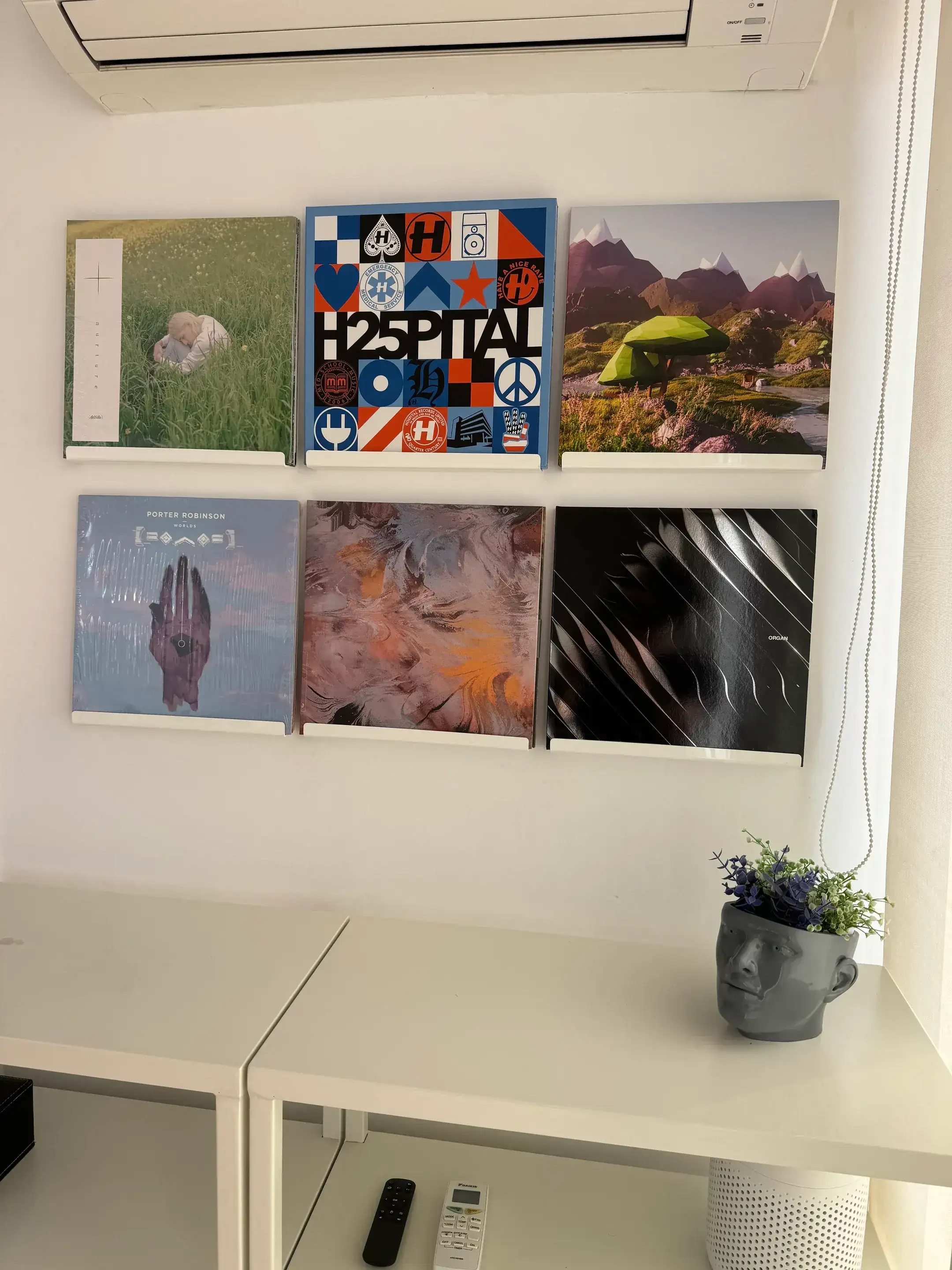 The record wall — drum & bass and electronic sleeves on shelf rails